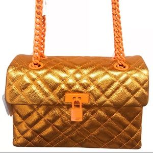 KURT GEIGER BRIXTON metallic orange Drench Quilted Leather Pad Lock Shoulder Bag